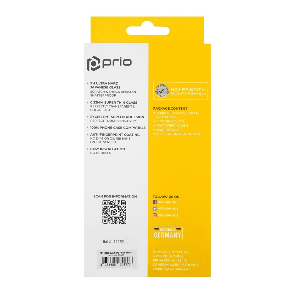 prio Tempered Glass Screen Protector for iPhone 8/7/6S/6 Plus clear
