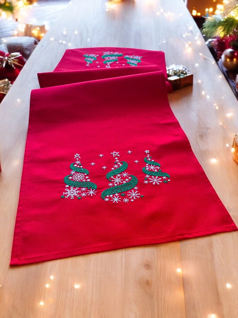 Weihnachtlicher Tischläufer Rot mit Tannenbaum-Stickerei 35x120, Weihnachtsdeko