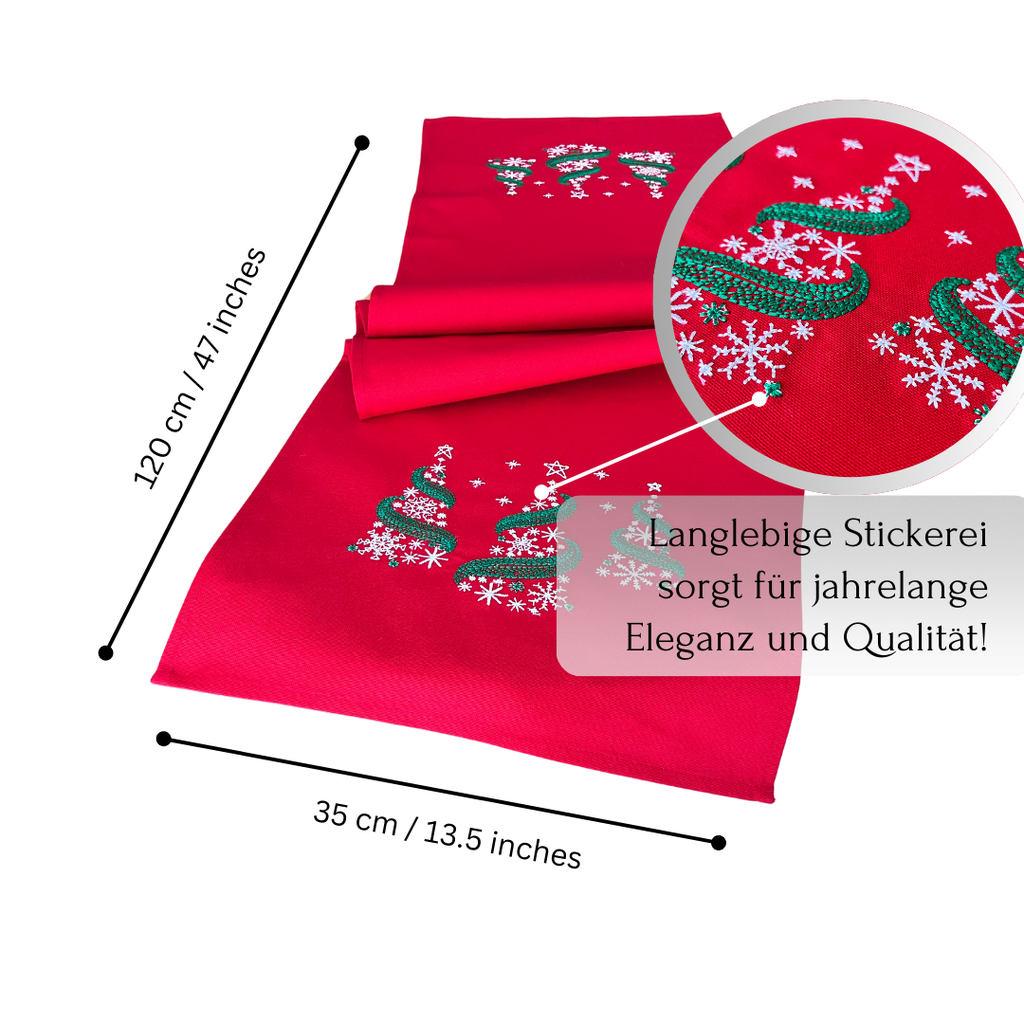 Weihnachtlicher Tischläufer Rot mit Tannenbaum-Stickerei 35x120, Weihnachtsdeko