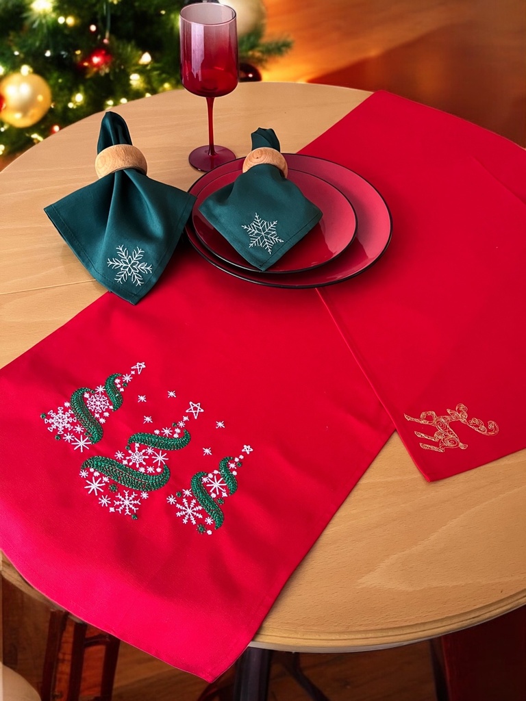 Weihnachtlicher Tischläufer Rot mit Tannenbaum-Stickerei 35x120, Weihnachtsdeko
