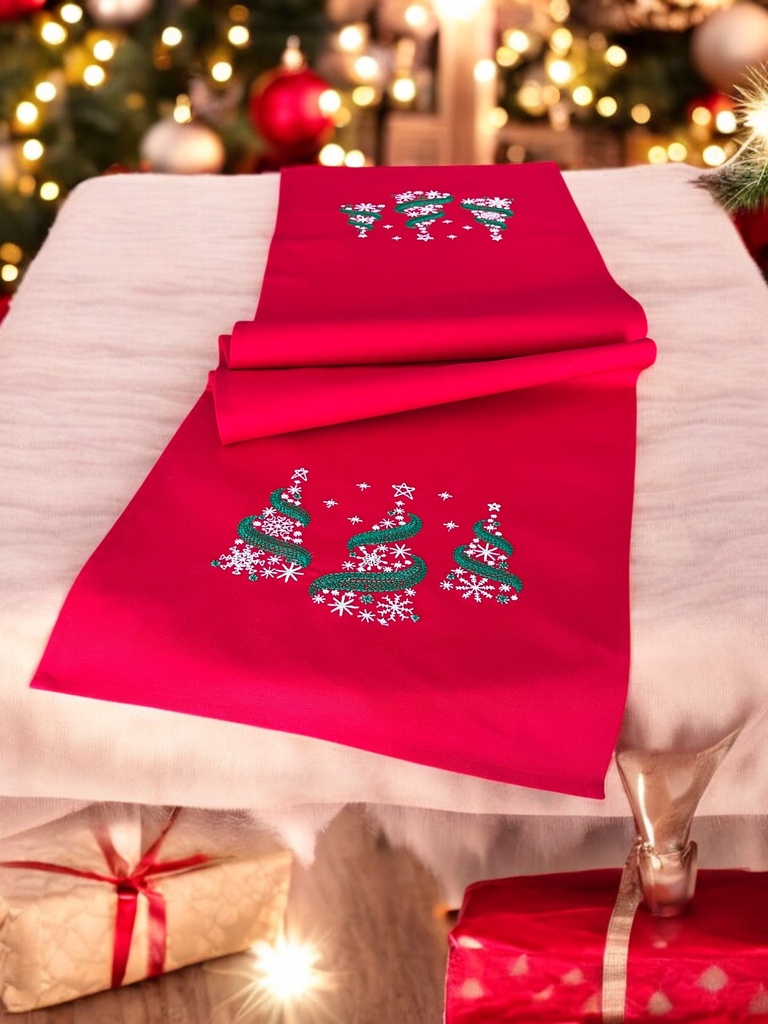 Weihnachtlicher Tischläufer Rot mit Tannenbaum-Stickerei 35x120, Weihnachtsdeko