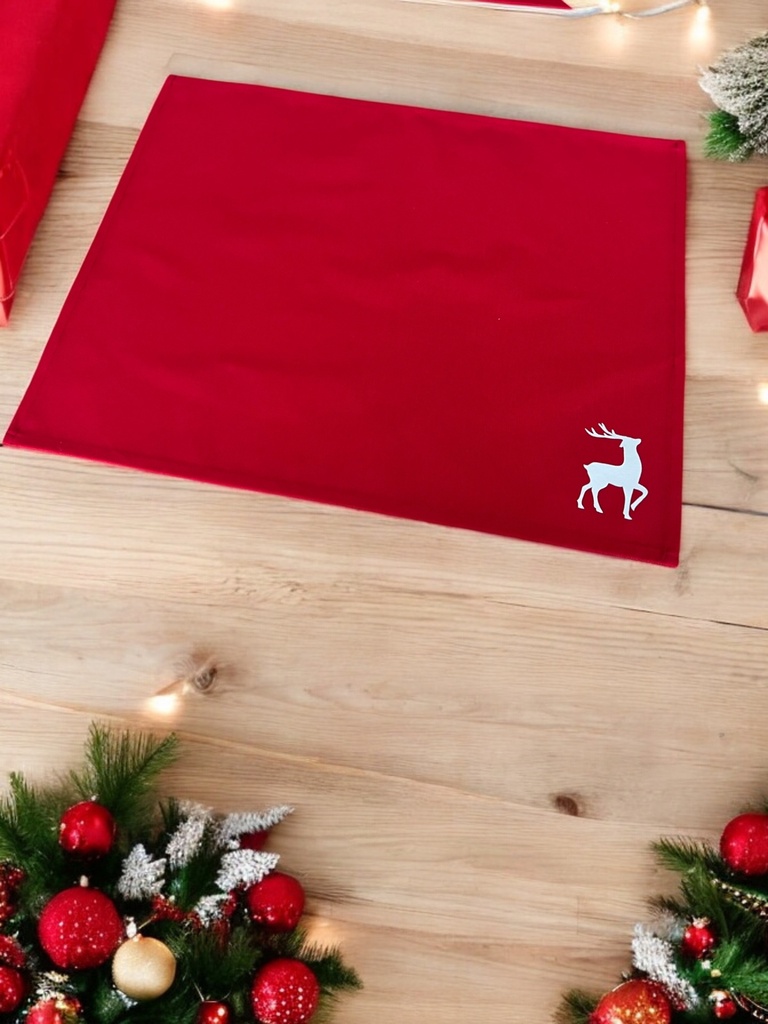 Tischsets Weihnachten, 4er Set Rot Gold Rentier-Stickerei, Abwaschbar 45x35 cm