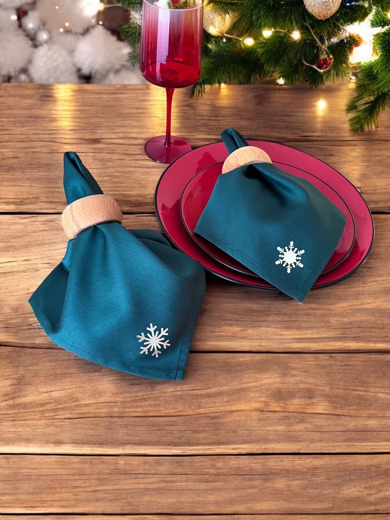 Stoffservietten Weihnachten 4er Set Zümrütgrün Schneeflocken-Stickerei 35x35 cm