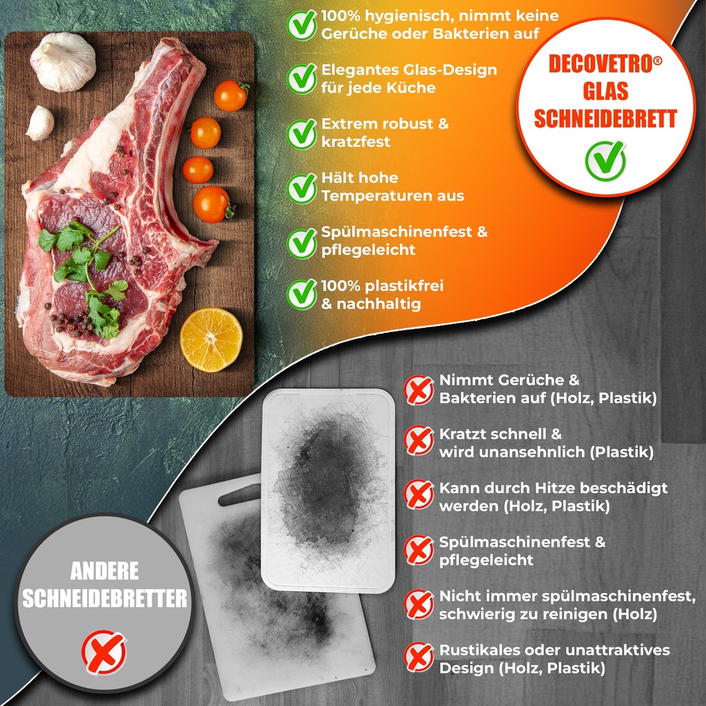 Decovetro Schneidebrett Glas |40x30cm | Glass Cutting Board | Leicht zu reinigen