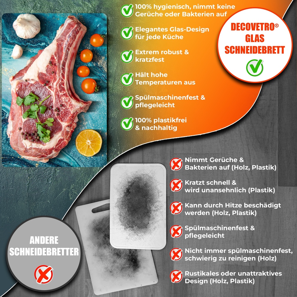 Decovetro Schneidebrett Glas |40x30cm | Glass Cutting Board | Leicht zu reinigen