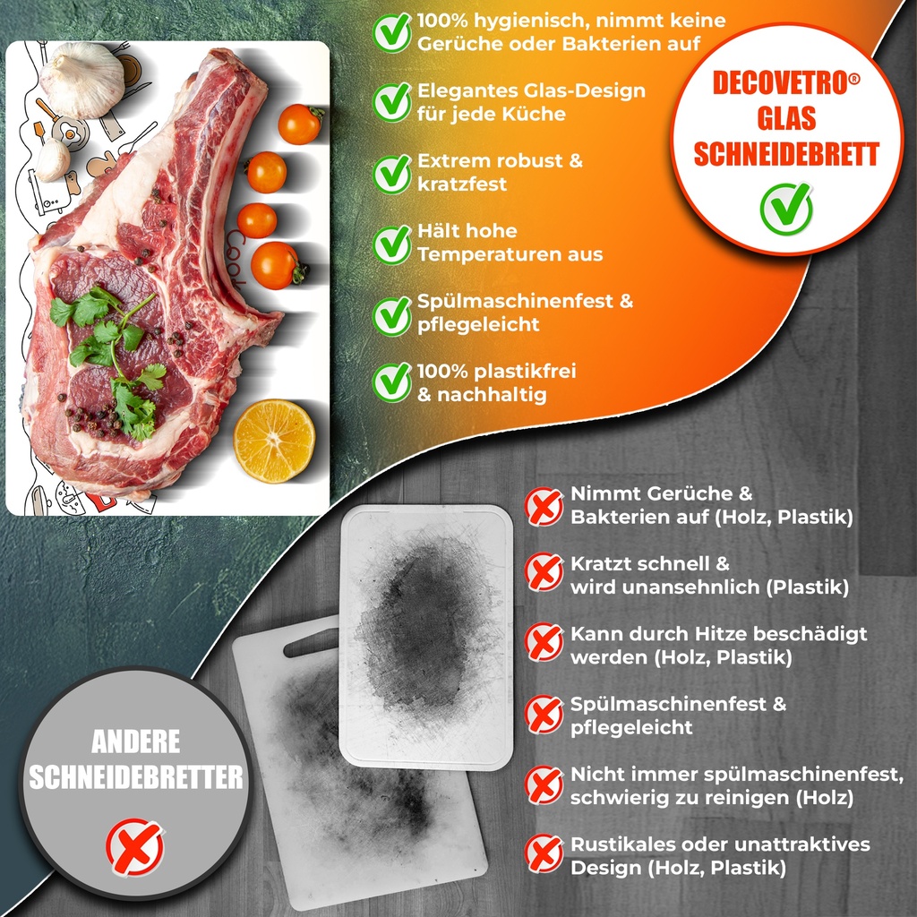 Decovetro Schneidebrett Glas |40x30cm | Glass Cutting Board | Leicht zu reinigen