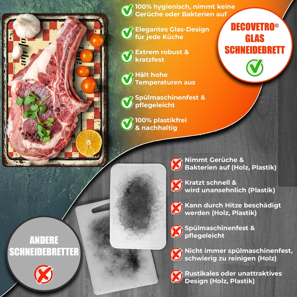 Decovetro Schneidebrett Glas |40x30cm | Glass Cutting Board | Leicht zu reinigen