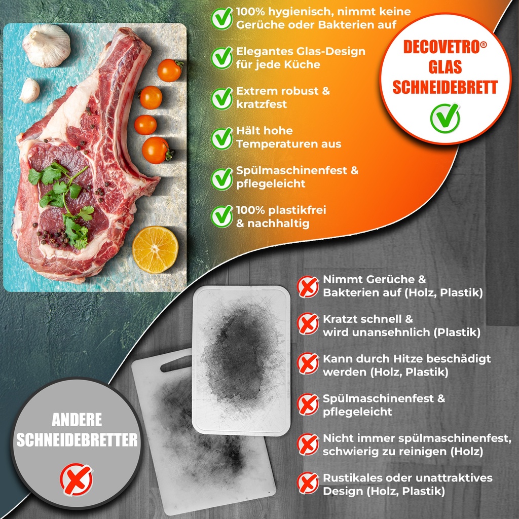 Decovetro Schneidebrett Glas |40x30cm | Glass Cutting Board | Leicht zu reinigen