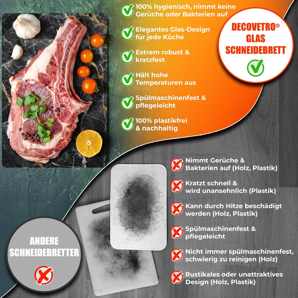 Decovetro Schneidebrett Glas |40x30cm | Glass Cutting Board | Leicht zu reinigen
