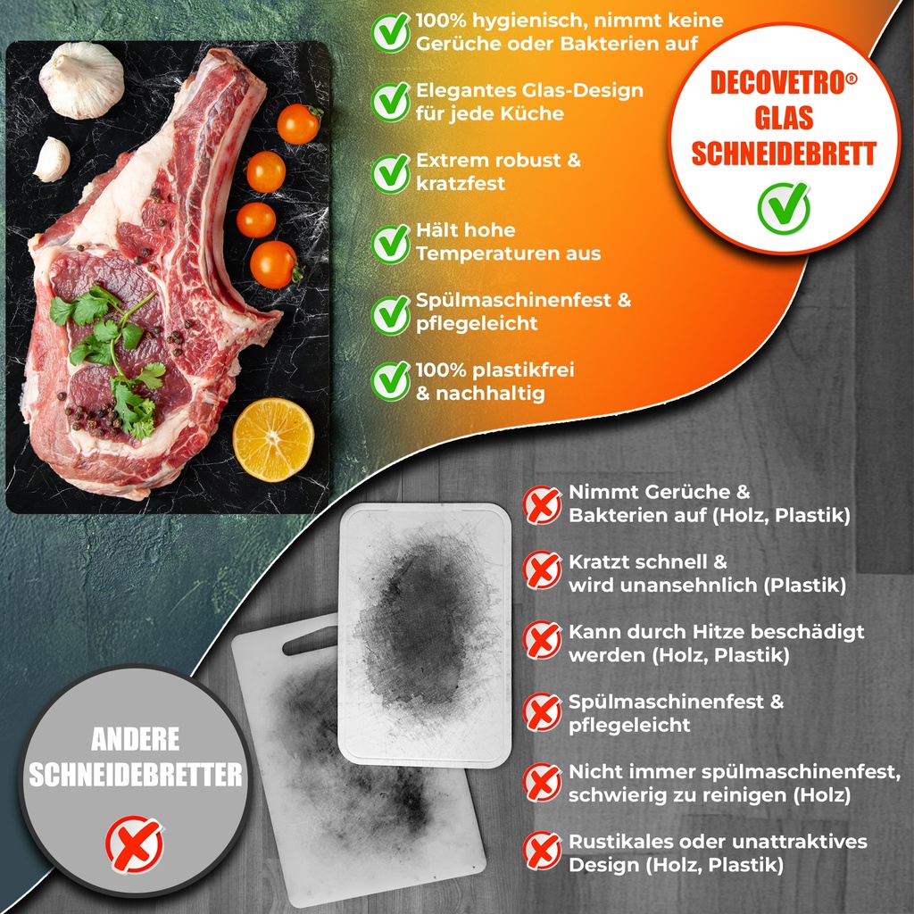 Decovetro Schneidebrett Glas |40x30cm | Glass Cutting Board | Leicht zu reinigen