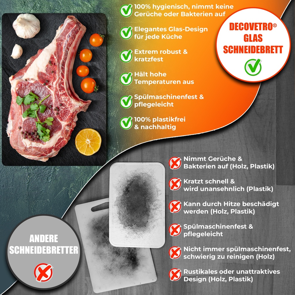Decovetro Schneidebrett Glas |40x30cm | Glass Cutting Board | Leicht zu reinigen