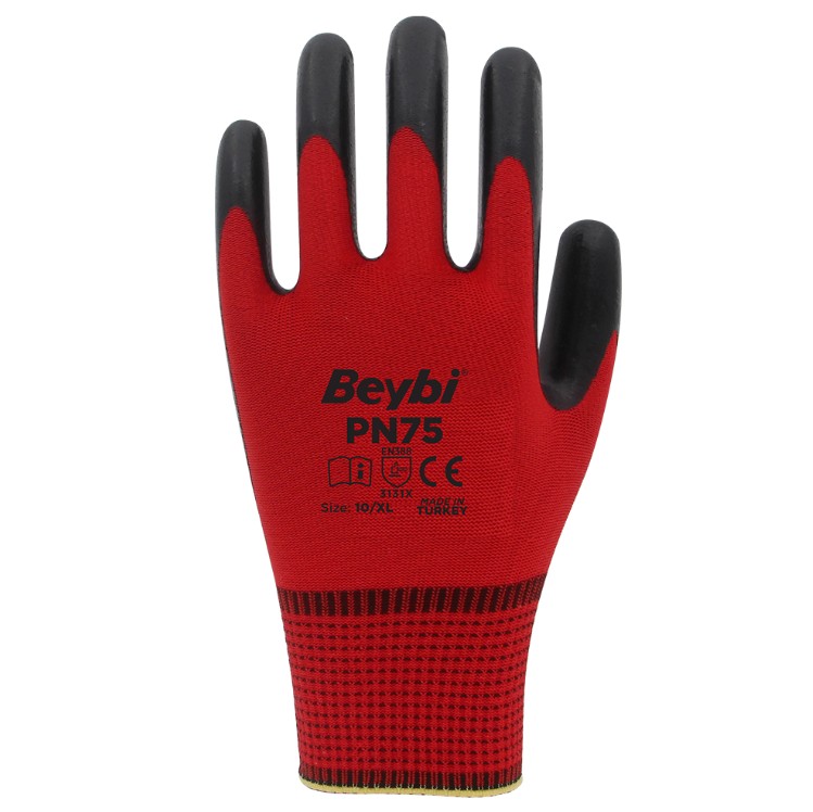 12 Paar Arbeitshandschuhe, Polyester, Rot und Schwarz