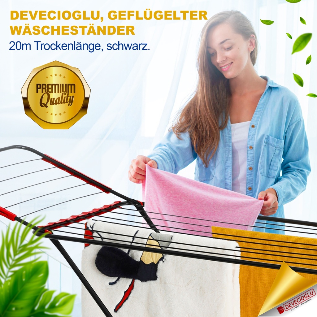 Devecioğlu Wäscheständer 20m Kapazität, Ausziehbar, Platzsparend, Schwarz