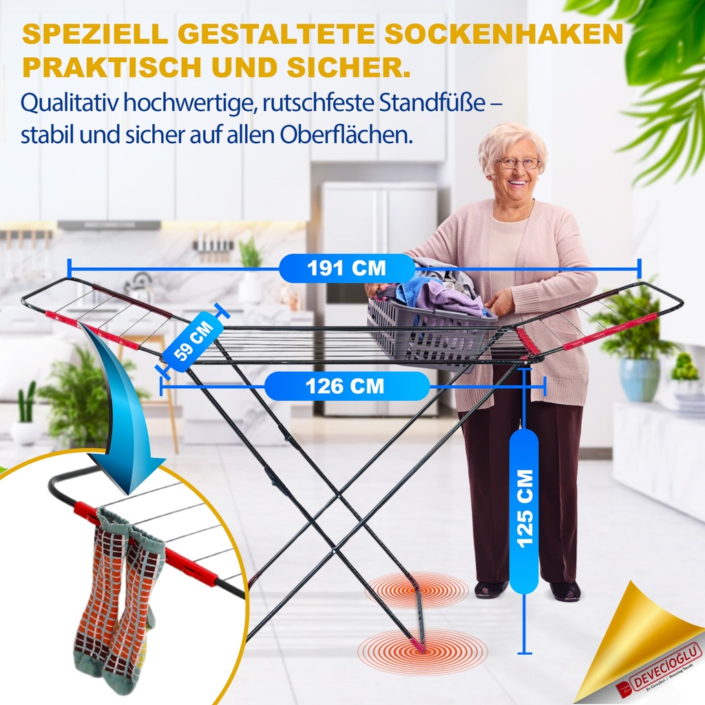 Devecioğlu Wäscheständer 20m Kapazität, Ausziehbar, Platzsparend, Schwarz