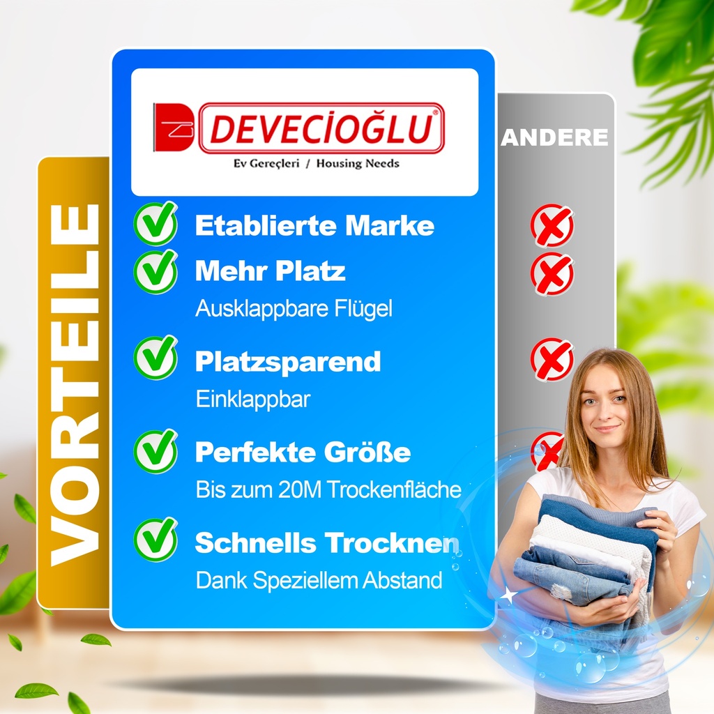 Devecioğlu Wäscheständer 20m Kapazität, Ausziehbar, Platzsparend, Schwarz