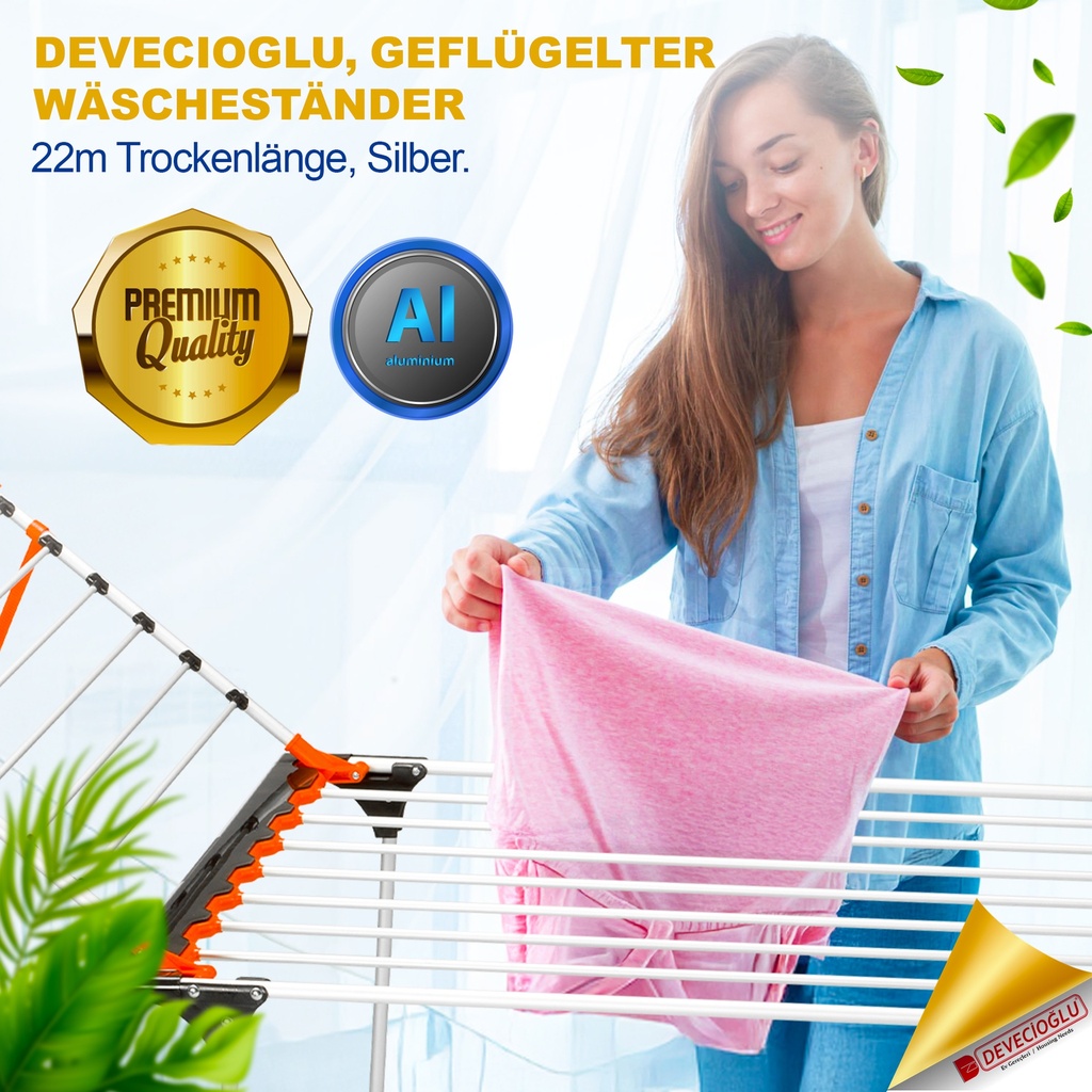 Devecioğlu Wäscheständer 22m Kapazität, Ausziehbar, Platzsparend, Aluminium