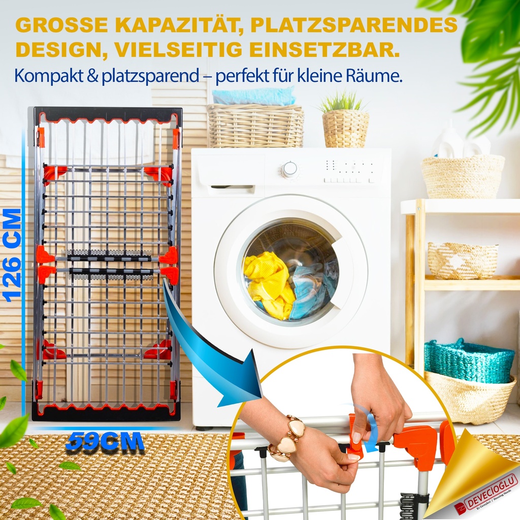 Devecioğlu Wäscheständer 22m Kapazität, Ausziehbar, Platzsparend, Aluminium
