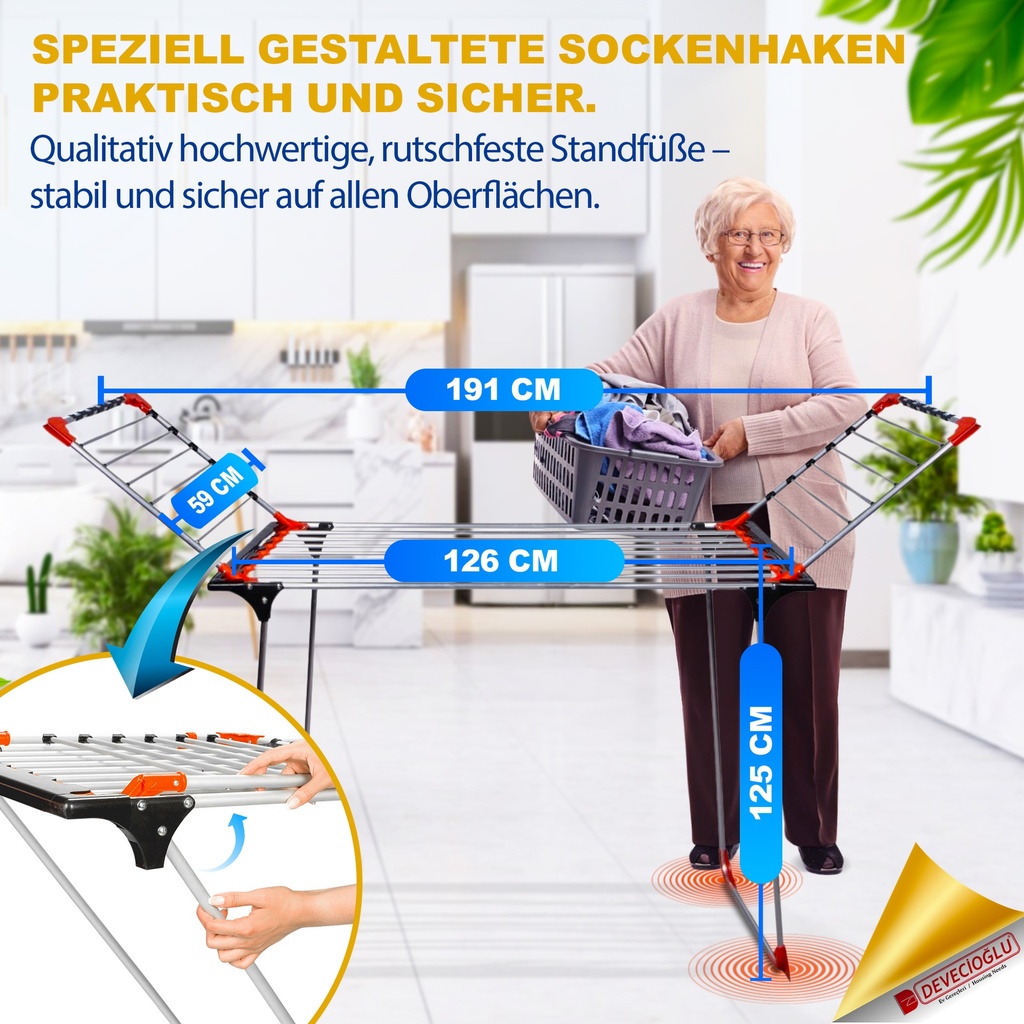 Devecioğlu Wäscheständer 22m Kapazität, Ausziehbar, Platzsparend, Aluminium