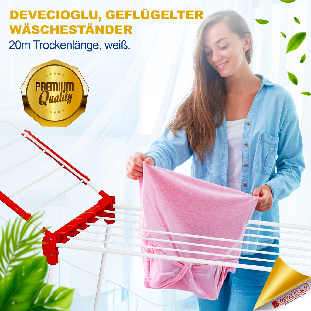 Devecioğlu Wäscheständer 20m Kapazität, Ausziehbar, Platzsparend, Kompakt
