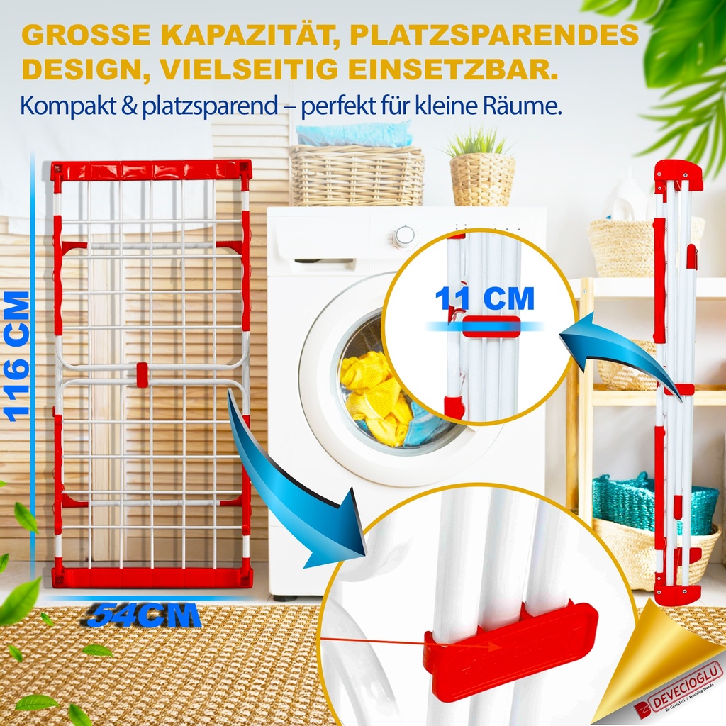 Devecioğlu Wäscheständer 20m Kapazität, Ausziehbar, Platzsparend, Kompakt