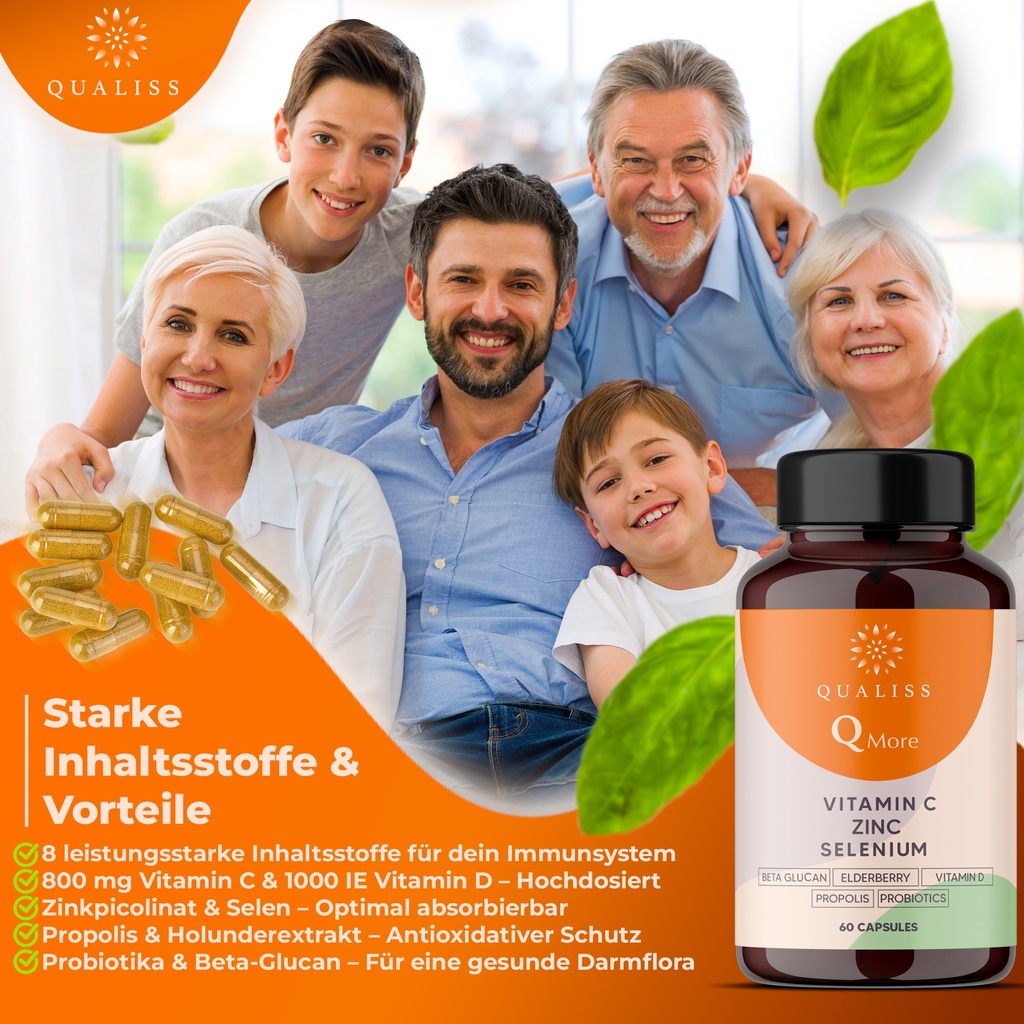 Q More - Immunsystem Unterstützung mit Vitamin C, D, Zink, Selen - 60 Kapseln