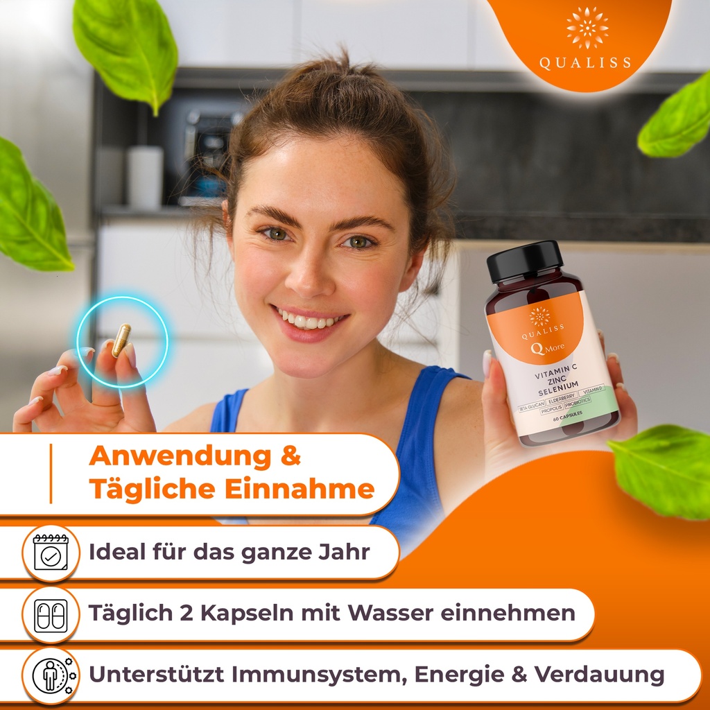 Q More - Immunsystem Unterstützung mit Vitamin C, D, Zink, Selen - 60 Kapseln