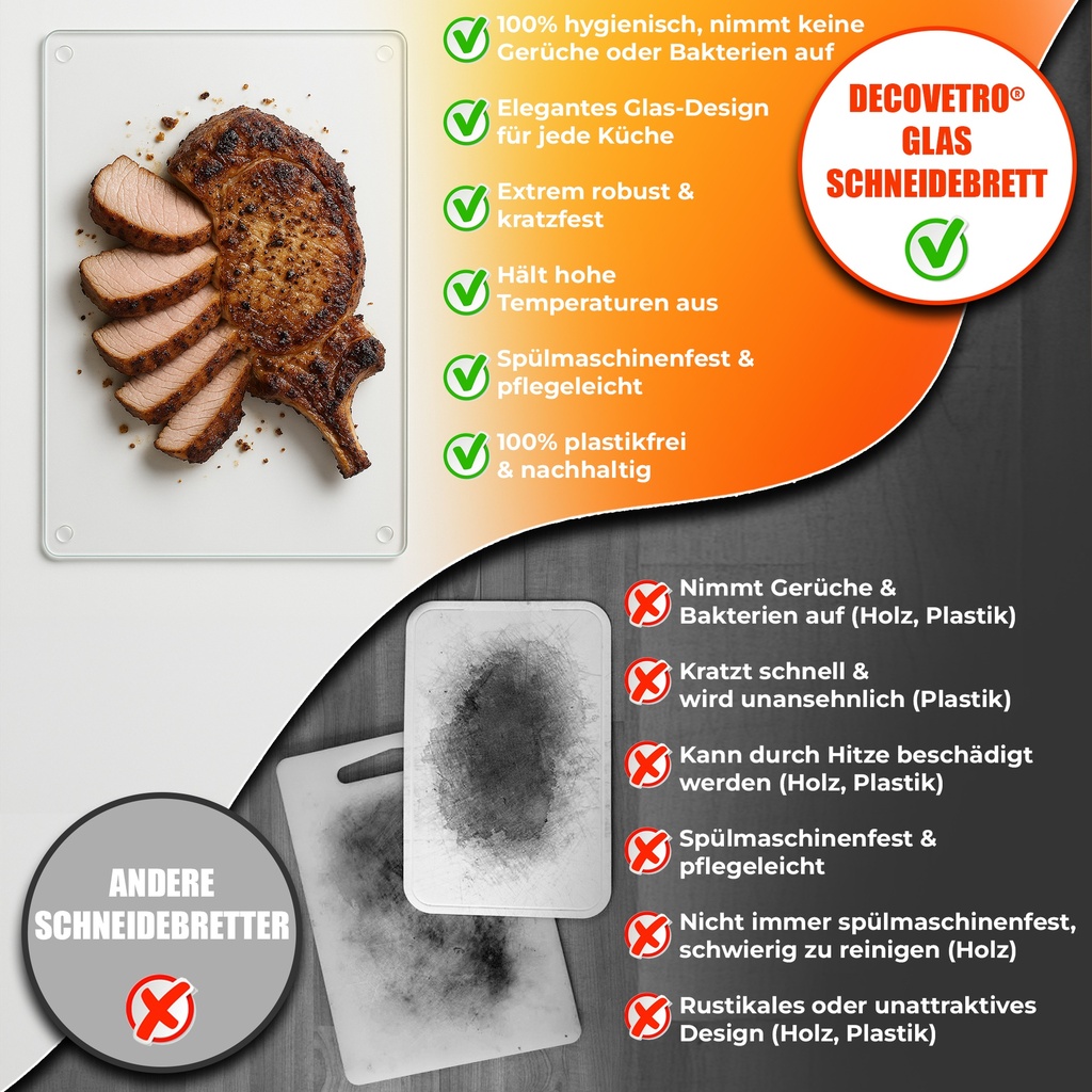 Decovetro Schneidebrett Glas |40x30cm | Glass Cutting Board | Leicht zu reinigen