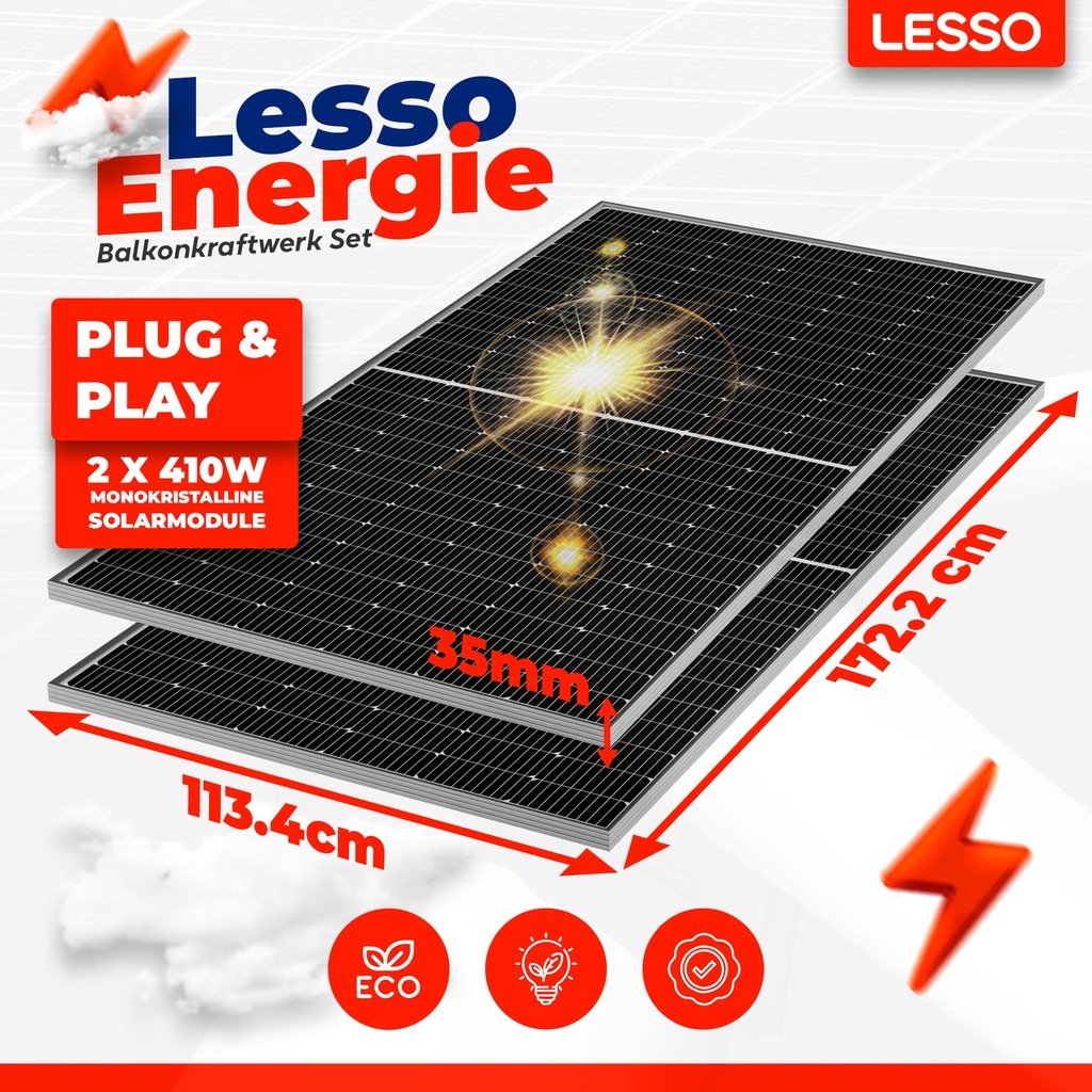 Balkonkraftwerk 800 Watt |  PV Solar Balkonkraftwerk 820WP |  Microwechselrichter / 2 PV-Module / Kabel
