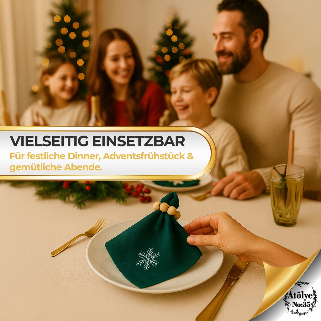 Stoffservietten Weihnachten 4er Set Zümrütgrün Schneeflocken-Stickerei 35x35 cm - Stickerei