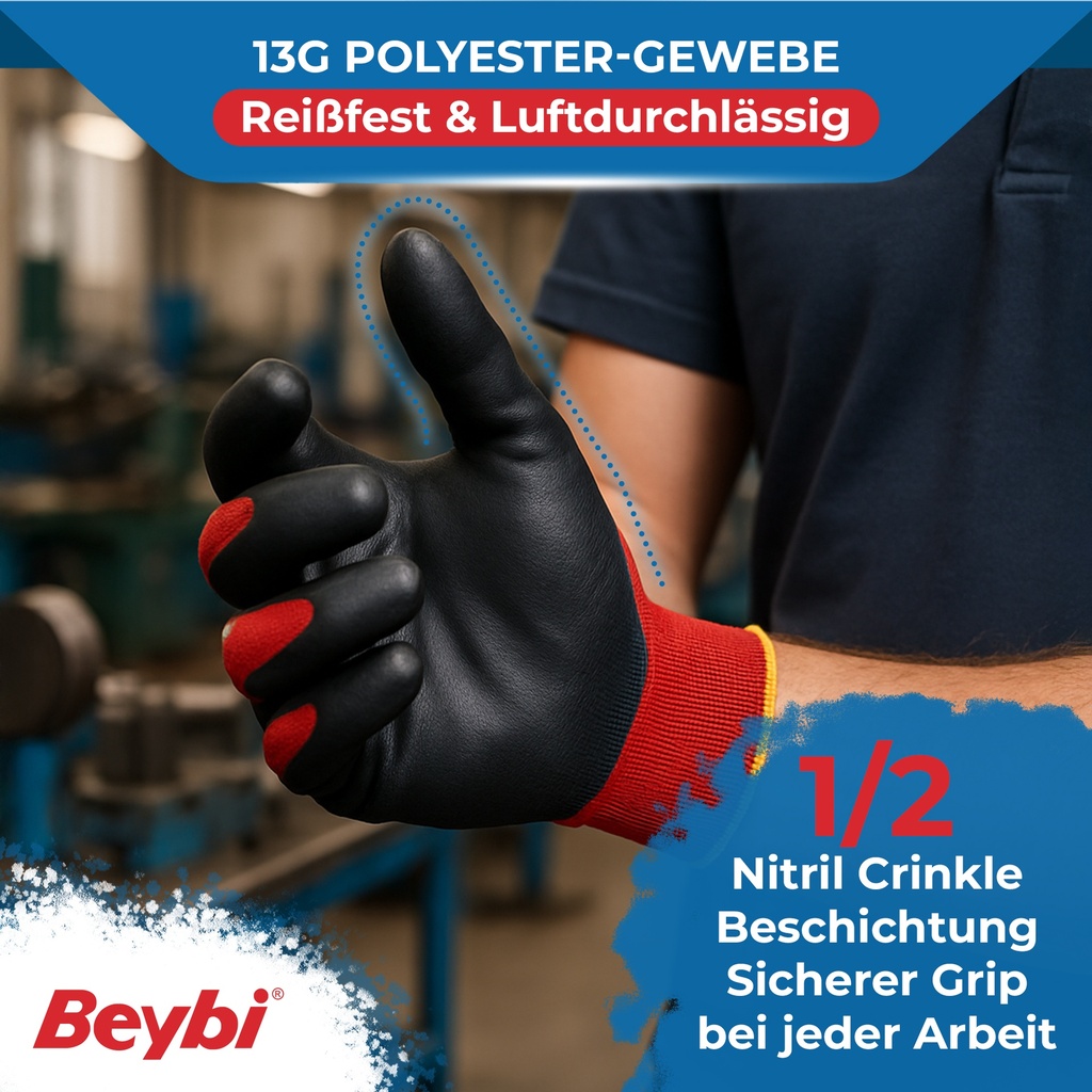 Beybi | 12 Paar Arbeitshandschuhe - Polyester, Nitril 1/2-Beschichtung