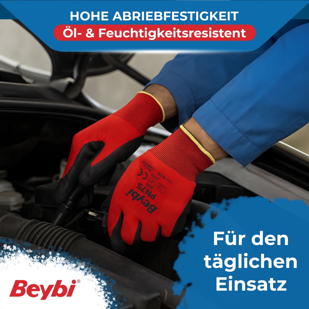 Beybi | 12 Paar Arbeitshandschuhe - Polyester, Nitril 1/2-Beschichtung
