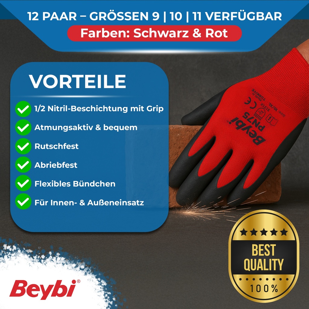 Beybi | 12 Paar Arbeitshandschuhe - Polyester, Nitril 1/2-Beschichtung