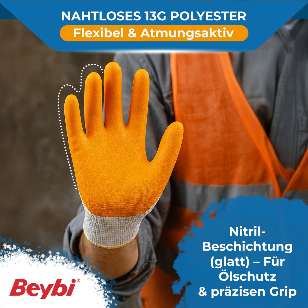 Beybi | 12 Paar Arbeitshandschuhe - Polyester, Nitrile Palm Coated, glatt