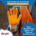 Beybi | 12 Paar Arbeitshandschuhe - Polyester, Nitrile Palm Coated, glatt