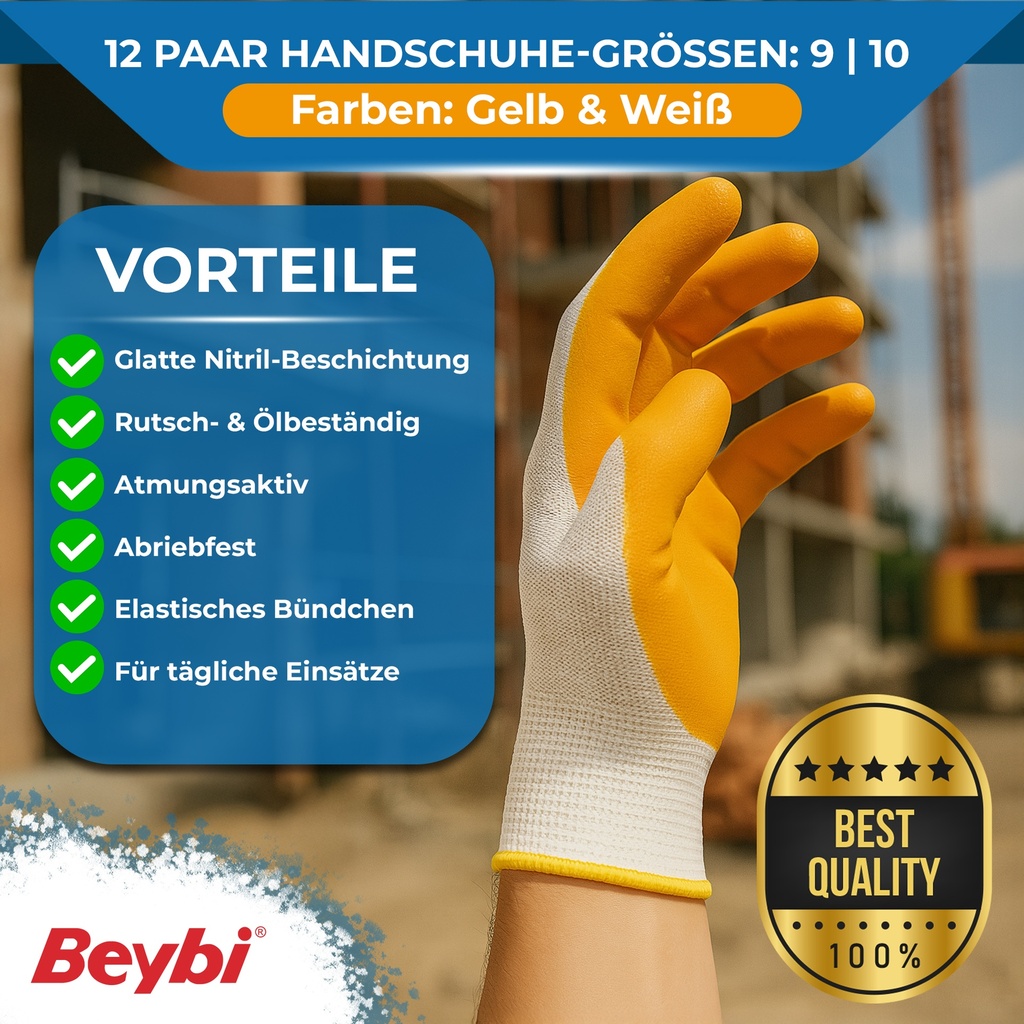 Beybi | 12 Paar Arbeitshandschuhe - Polyester, Nitrile Palm Coated, glatt