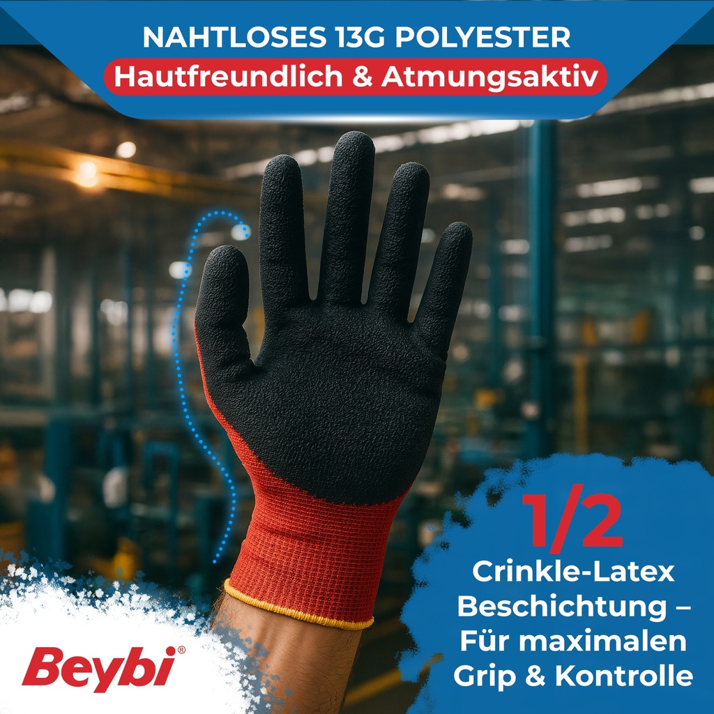 Beybi | 12 Paar Arbeitshandschuhe – Polyester, Latex-beschichtet, rutschfest