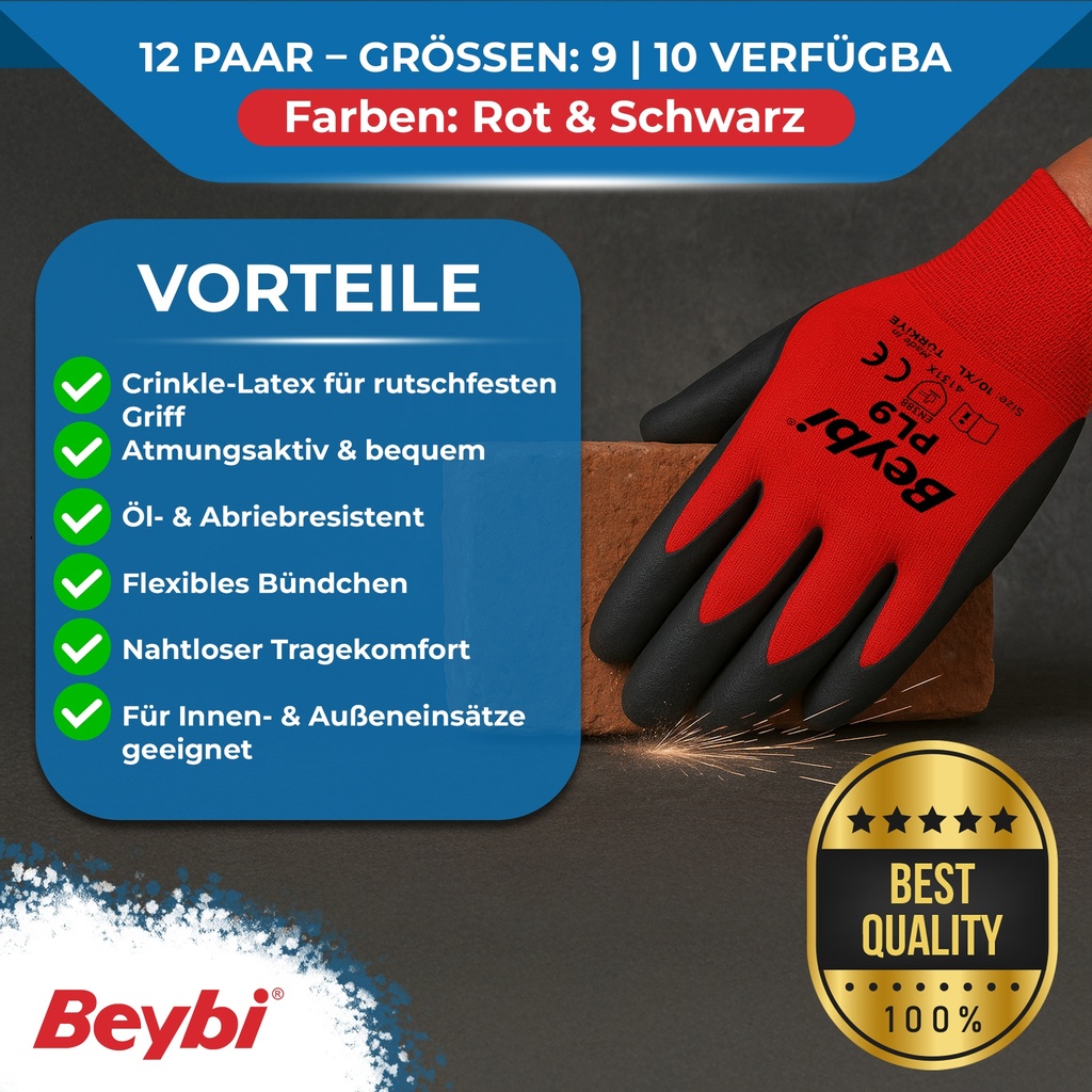 Beybi | 12 Paar Arbeitshandschuhe – Polyester, Latex-beschichtet, rutschfest