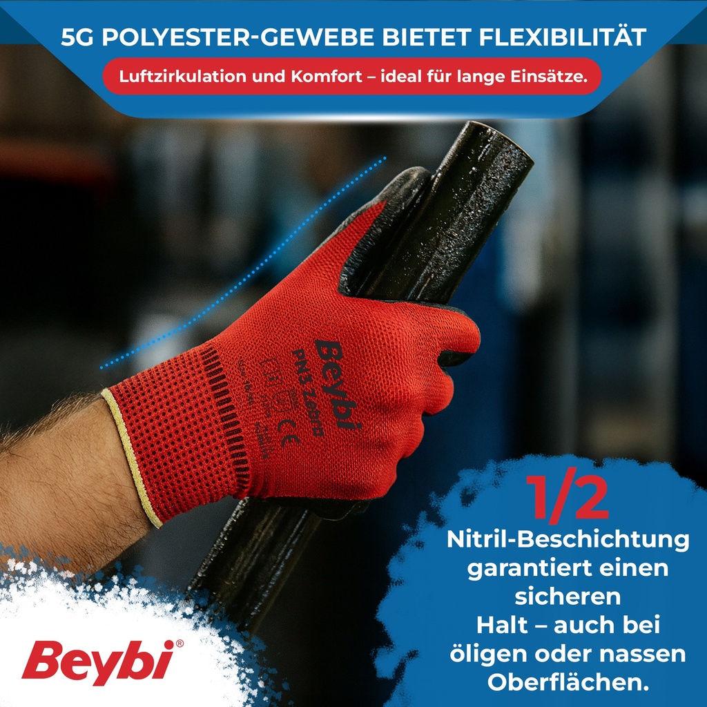 Beybi| 12 Paar Arbeitshandschuhe - Polyester, Nitrile 1/2 Coated, rutschfest