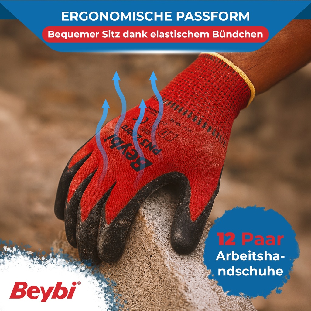 Beybi| 12 Paar Arbeitshandschuhe - Polyester, Nitrile 1/2 Coated, rutschfest
