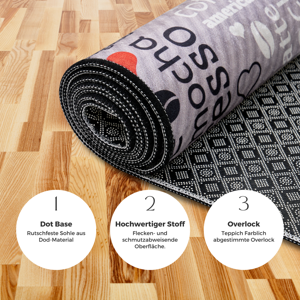 miqna Moderner Küchenteppich Gel Läufer Grau Weiß Schwarz Natural Coffee Design