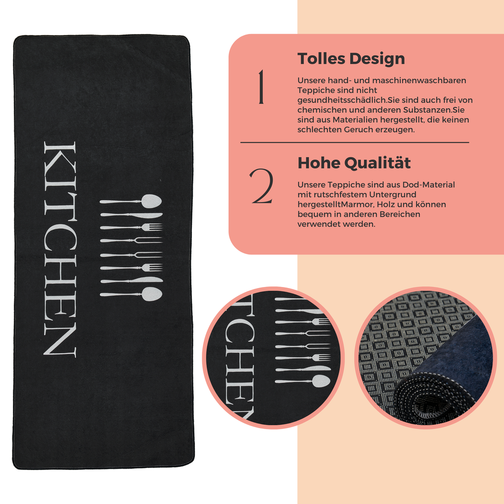miqna Küchenteppich, rutschfeste Küchenläufer, Waschbarer Küchen Teppich, Schwarz