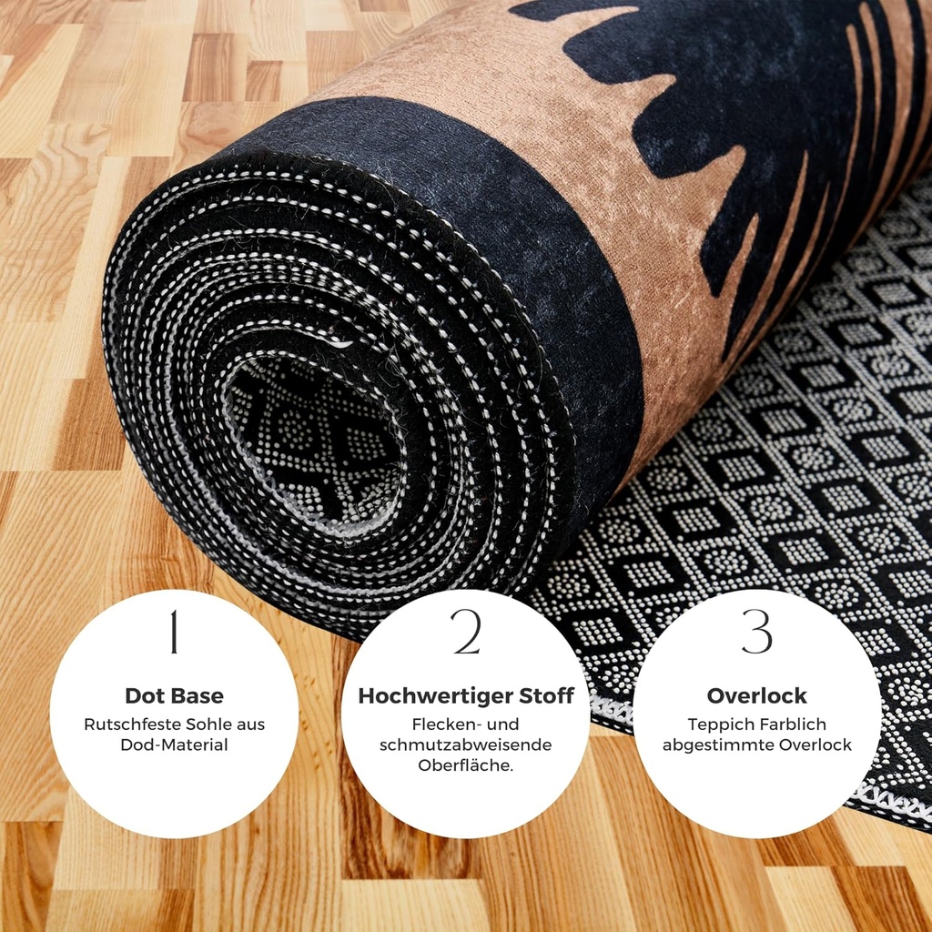 miqna Wohnzimmer Teppich Kurzflor Modern Läufer beige schwarz weiß 80x300 cm