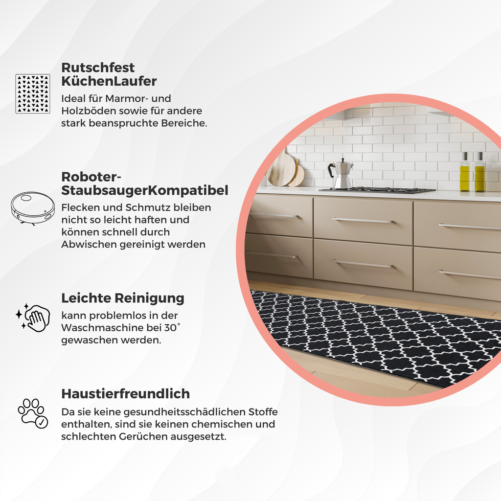 miqna Läufer Teppich,Waschbar Küchenläufer, Rutschfest Flur Teppich schwarz weiß