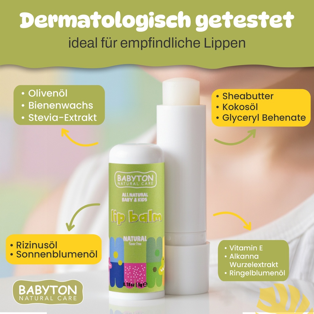 Babyton Lippenbalsam für Kinder 5g |  Pflanzlich, Parabenfrei, Erdbeer