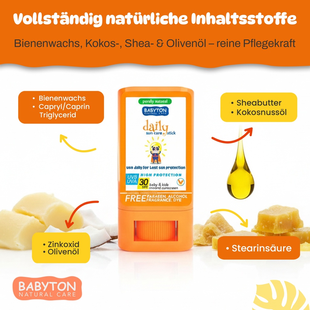 Babyton Kids Sonnenschutz Stick SPF 30 | Bio, Hypoallergen, Kokos, Wasserfest