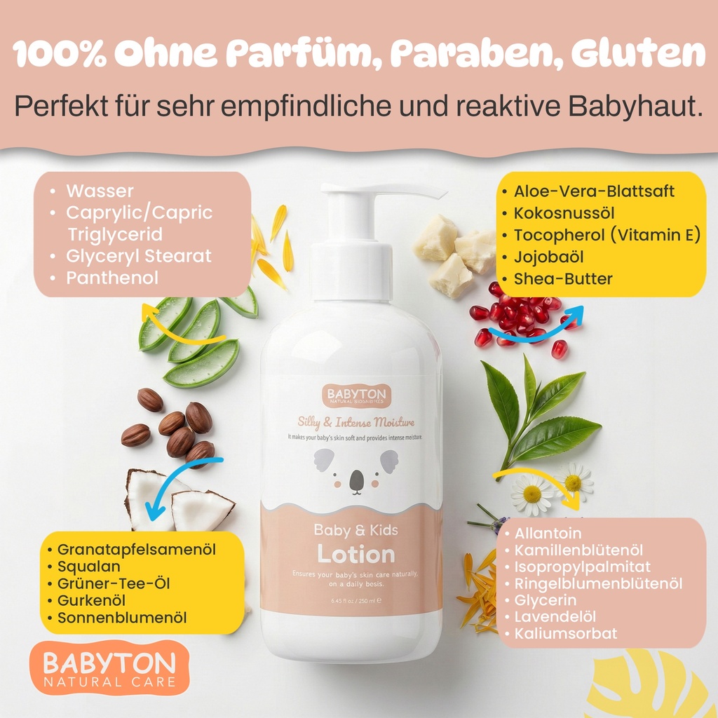 Babyton Baby & Kids Lotion 250ml | Vegan, Hypoallergen, Mit Aloe Vera & Sheabutter