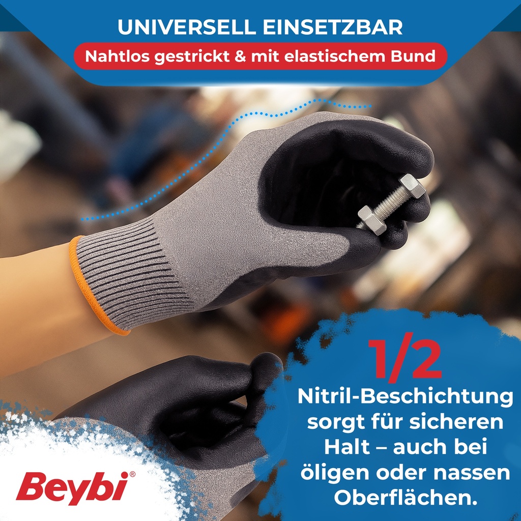 Beybi | 12 Paar Arbeitshandschuhe, Nitrile 1/2 Coated, robust