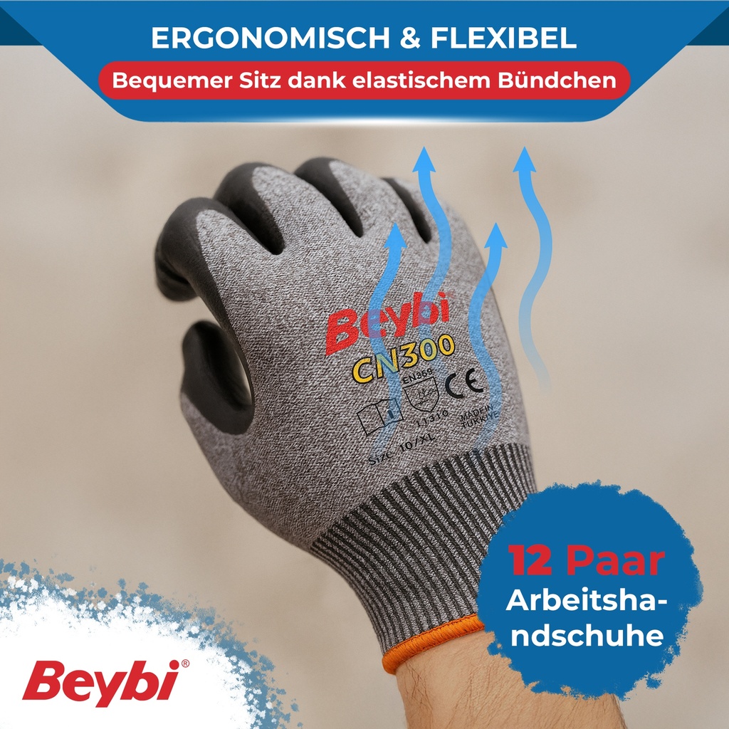 Beybi | 12 Paar Arbeitshandschuhe, Nitrile 1/2 Coated, robust