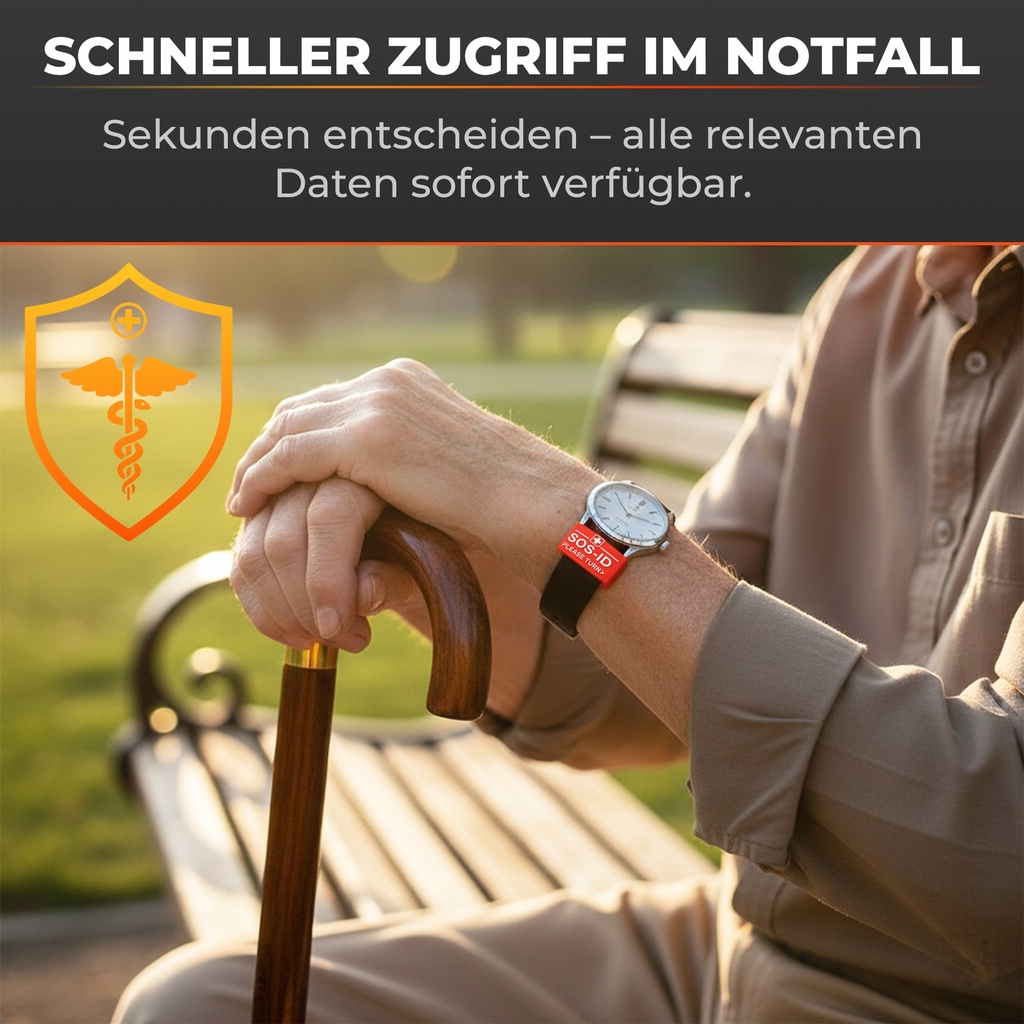 SOS-ID Armbandschlaufe. Innovativ und angenehm zu tragen. Rot