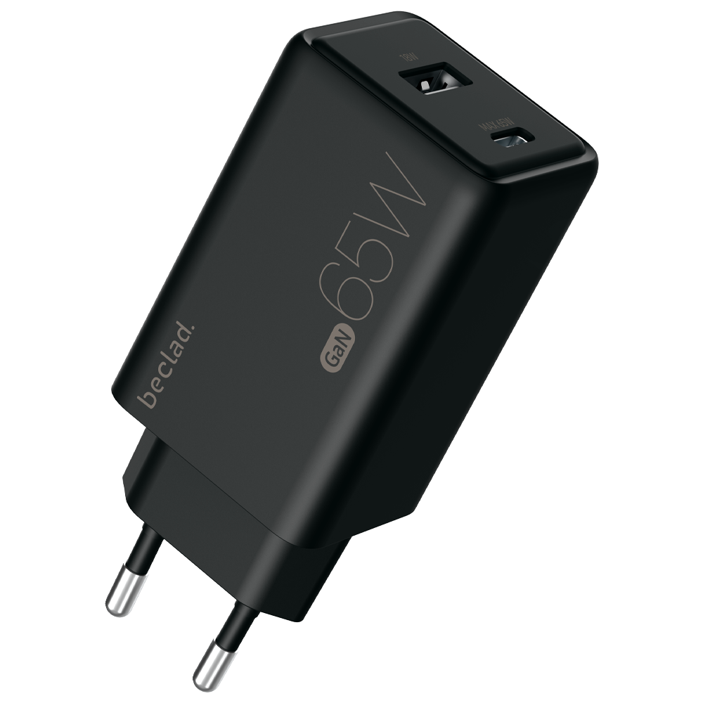 beclad. 65W 2 Port  Travel Adapter (C+A) BLACK BE-PT765BG-GR